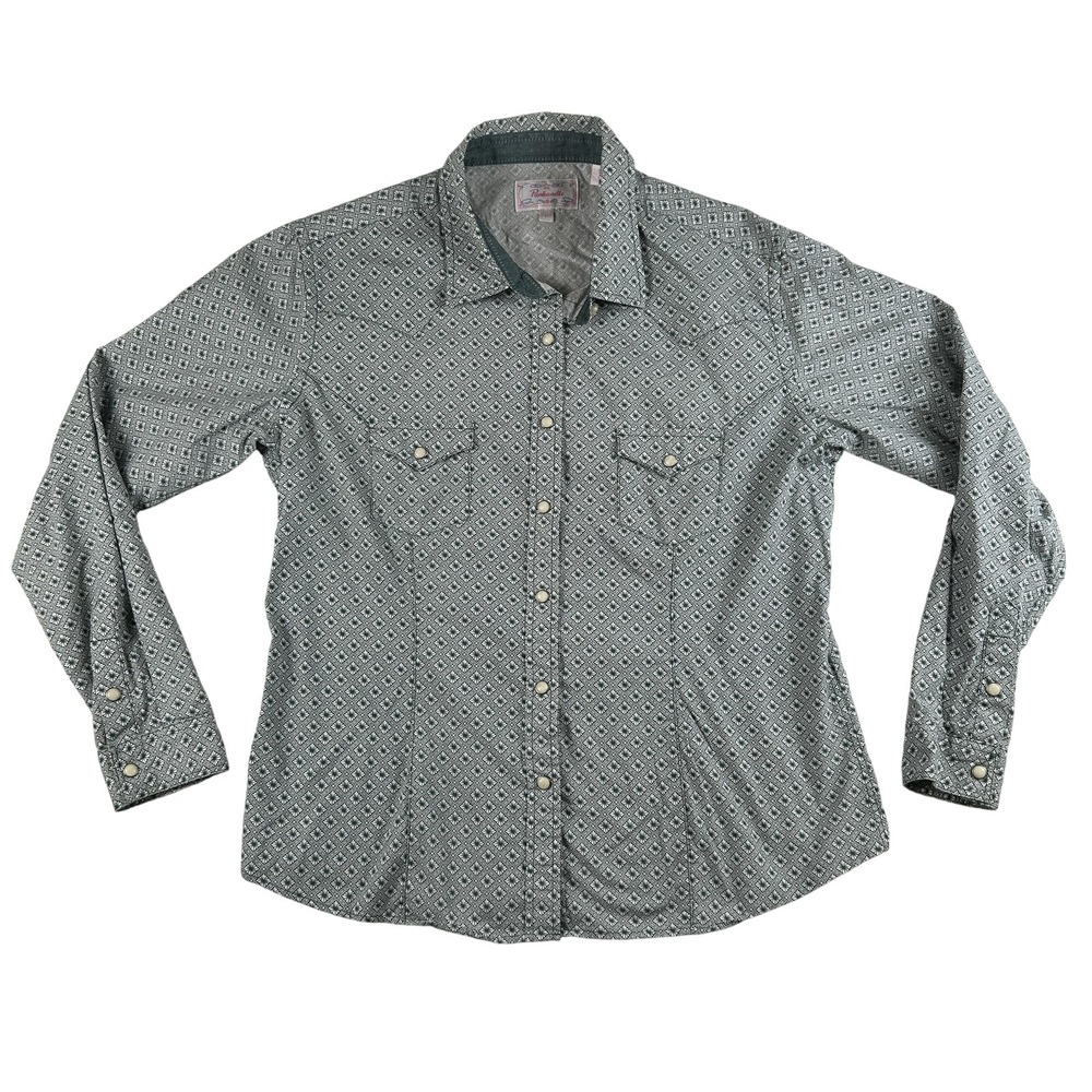 Panhandle Western Shirt‎ Womens Large Green Geometric Pearl Snap Long Sleeve